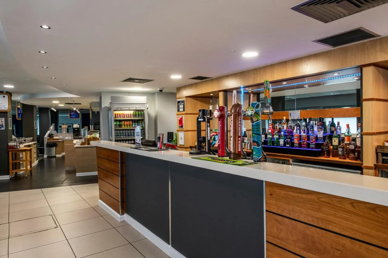 Lobby bar area with drinks on display at the Glasgow riverside hotel